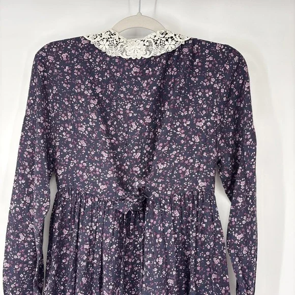 VTG Laura Ashley Lace Collar Tea Dress 4 Purple Prairie Romantic Coquette Ditsy - Picture 11 of 12